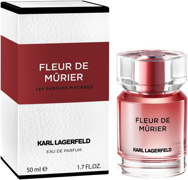 Flacone e confezione di Fleur De Mûrier. Scatola bianca con fascia rossa. Scritta Karl Lagerfeld. Eau de Parfum.