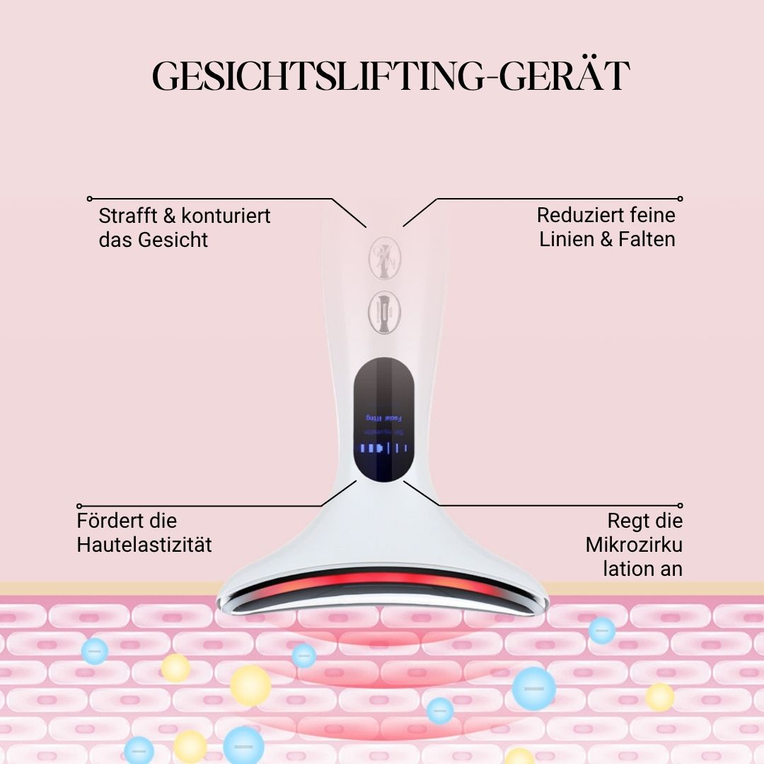 Dispositivo per lifting facciale con testo: "GESICHTSLIFTING-GERÄT". Diagramma che mostra l'azione: elasticità della pelle, microcircolazione, rughe.