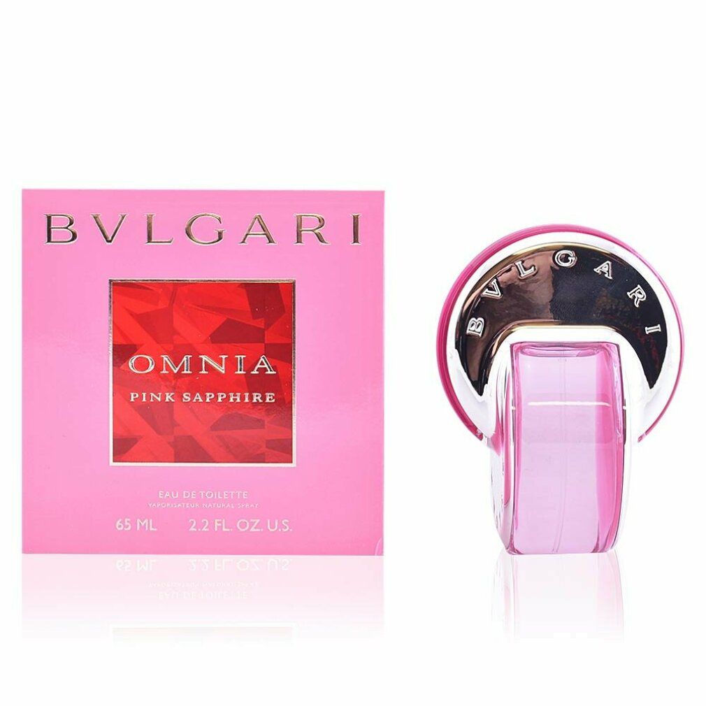 Flacone rosa e confezione. Flacone con tappo argentato. Scritto: Omnia Pink Sapphire. 65 ml.