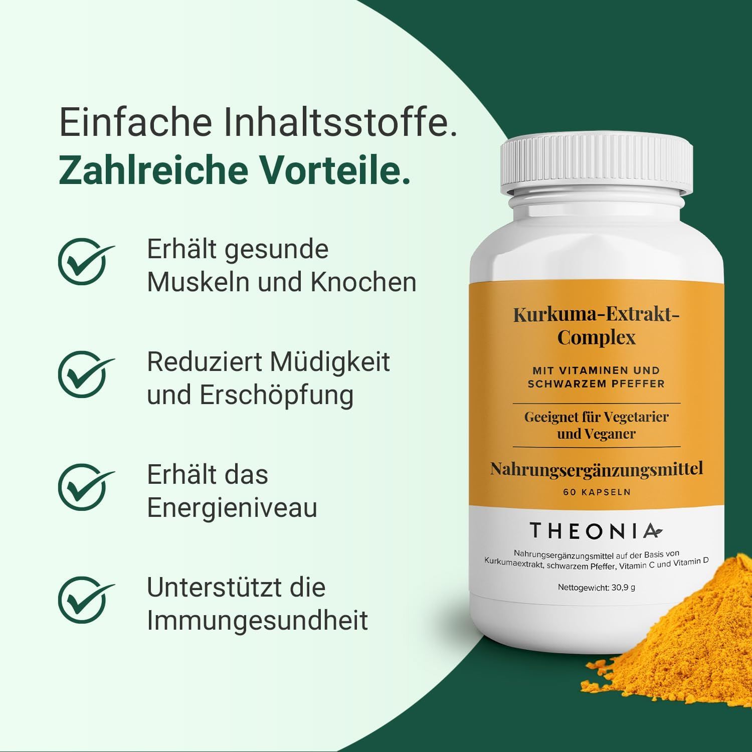 Flacone bianco con etichetta gialla. Scritta: Kurkuma-Extrakt-Complex, con vitamine e pepe nero. 60 capsule.