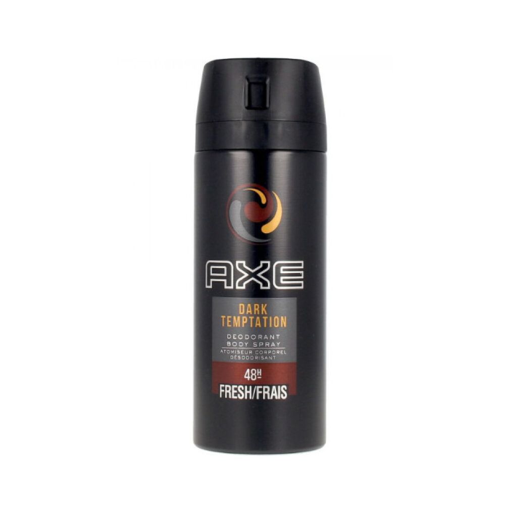 Bomboletta spray deodorante nera con tappo nero. "AXE", "DARK TEMPTATION" e "48H FRESH/FRAIS" sono stampati sulla bomboletta. È visibile anche "DEODORANT BODY SPRAY".