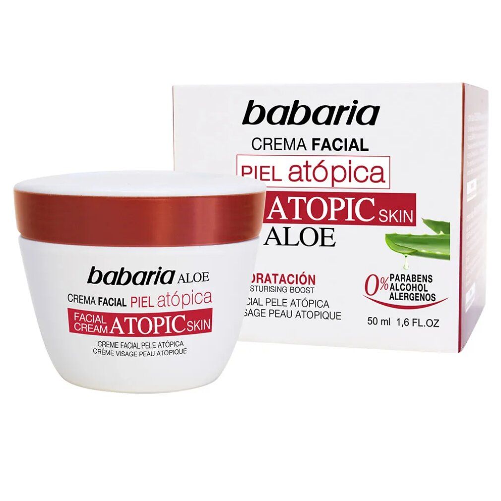 Vaso e scatola di crema. Scritta Babaria, Crema Facial, Piel Atópica, Aloe. 0% parabeni, alcool, allergeni. Illustrazione foglia di aloe.