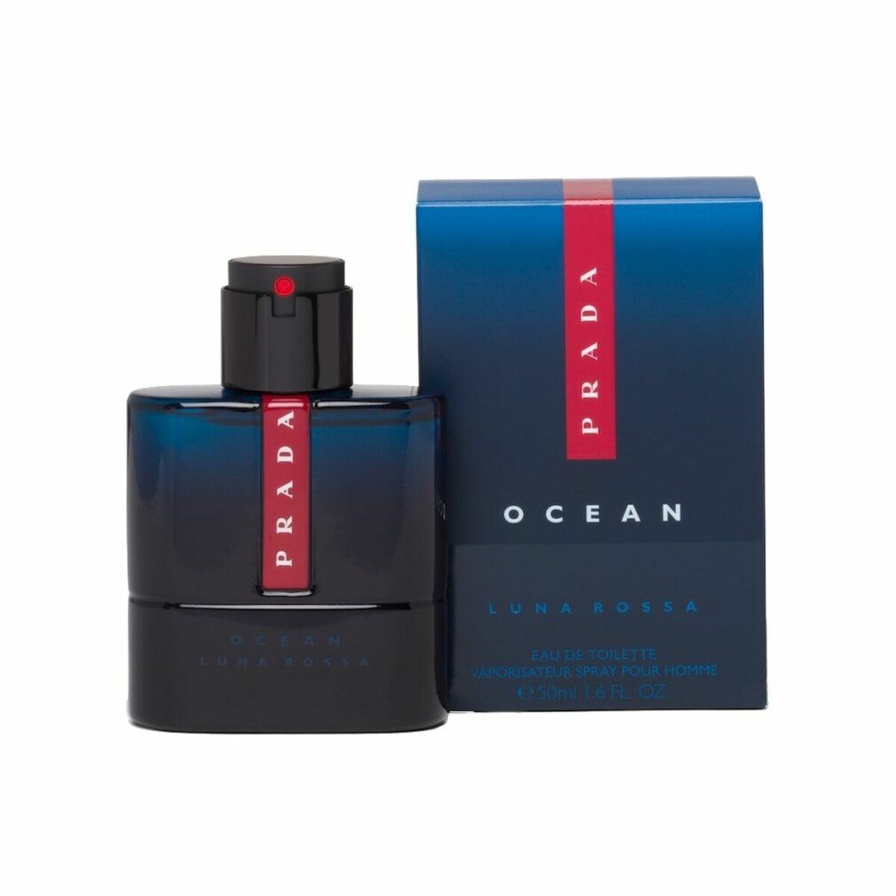 Flacone e confezione Prada Luna Rossa Ocean. Flacone con striscia rossa e tappo nero.