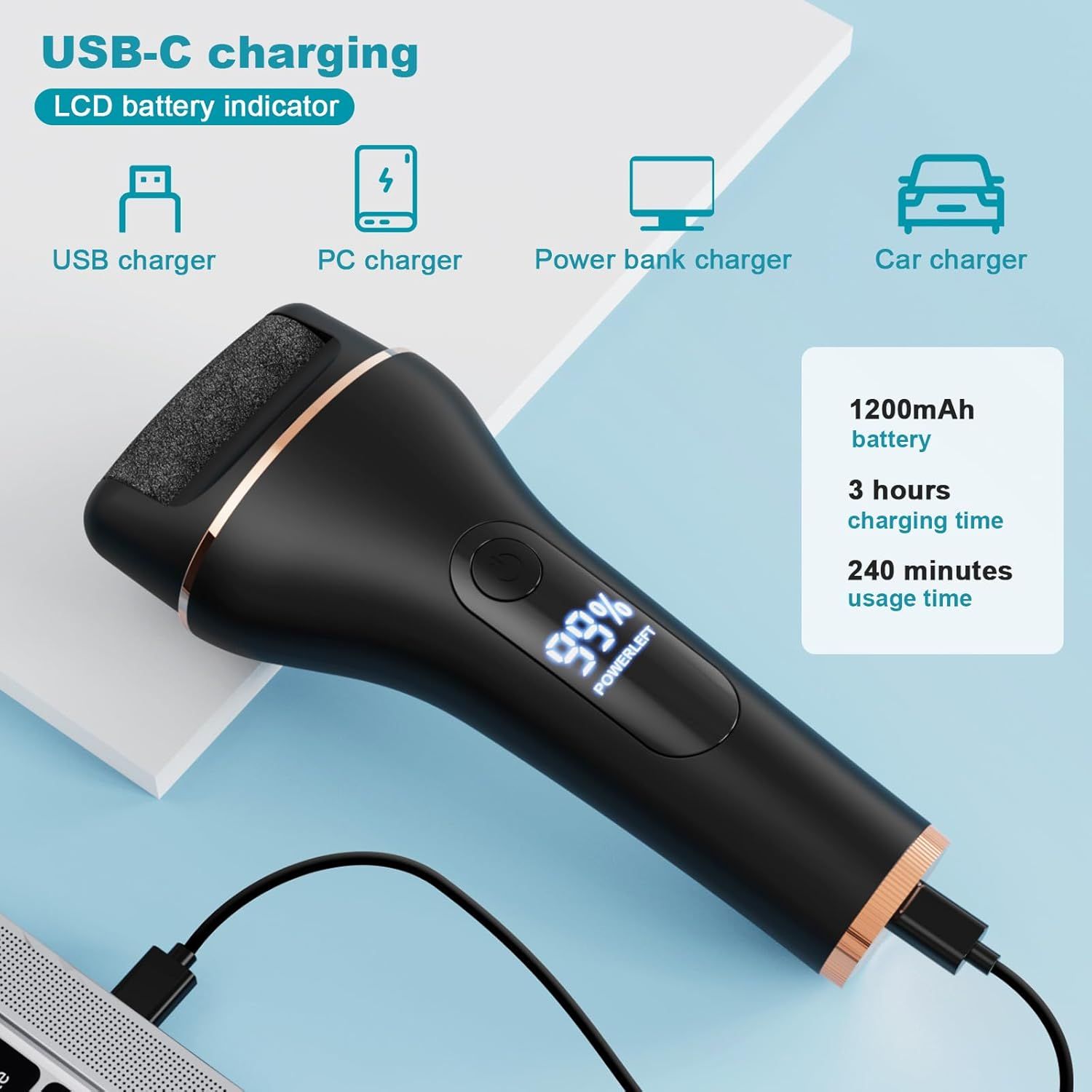 Levacalli elettrico con porta di ricarica USB-C. Indicatore batteria LCD. Scritta: « USB charging ». Corpo nero con dettagli dorati.