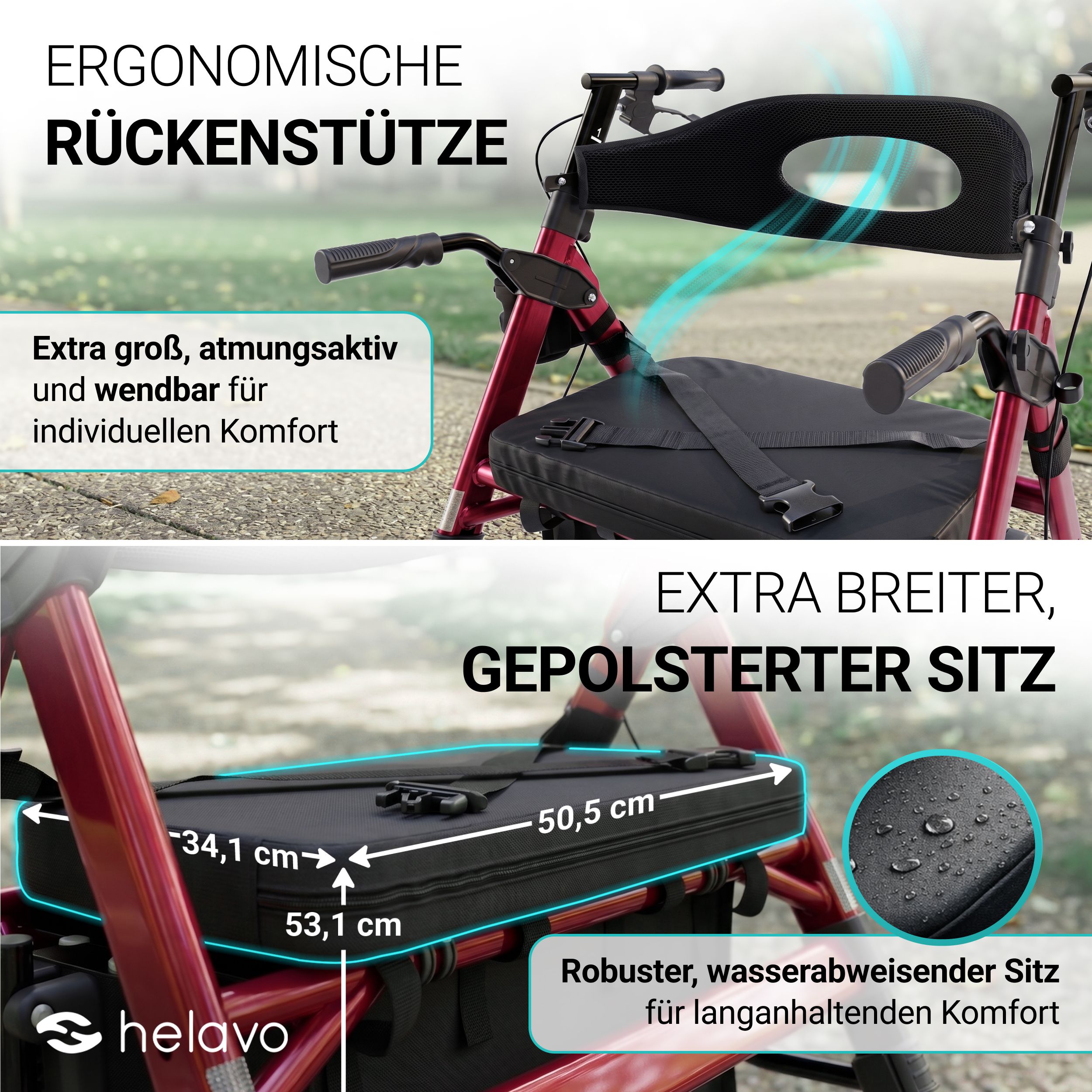 Schienale ergonomico e sedile imbottito di un deambulatore con dimensioni.