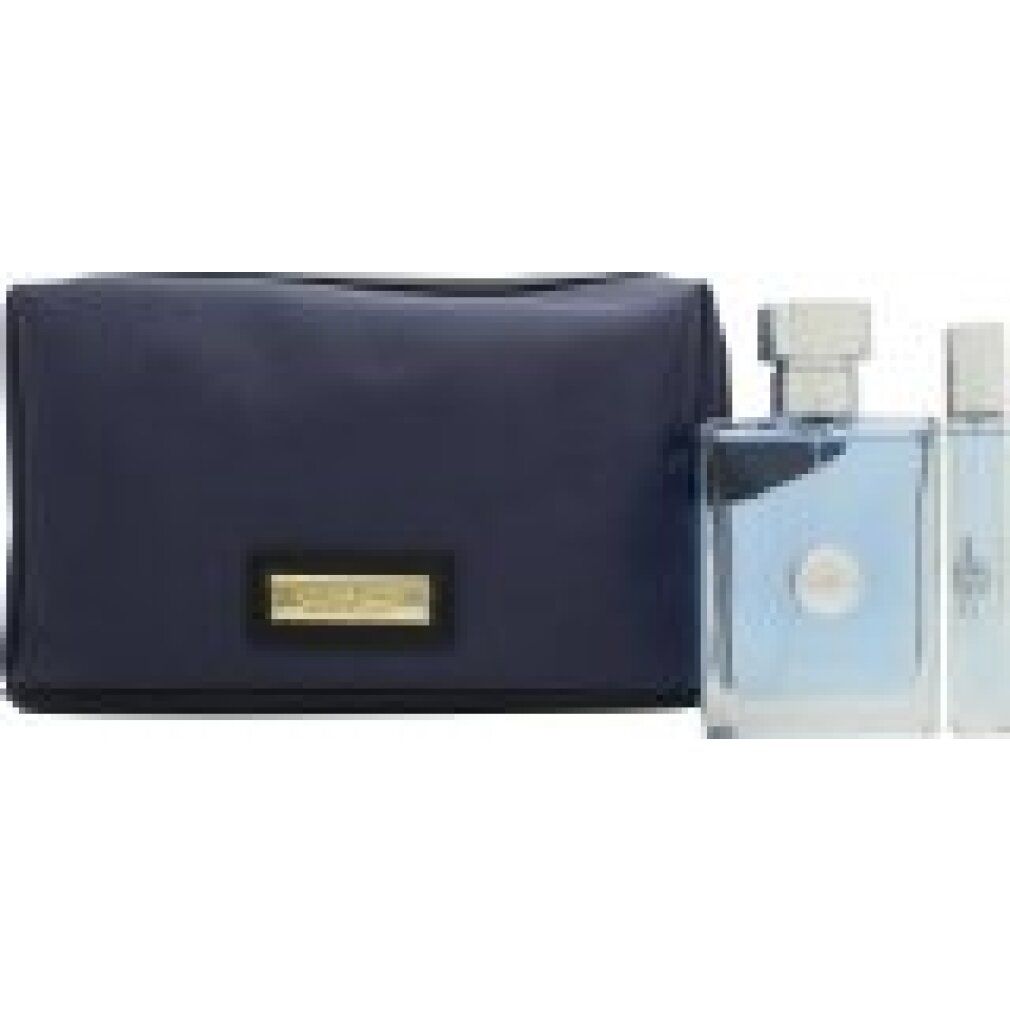 Trousse blu scuro, flacone e vaporizzatore. Rettangolo dorato con logo. Flacone con tappo argentato.