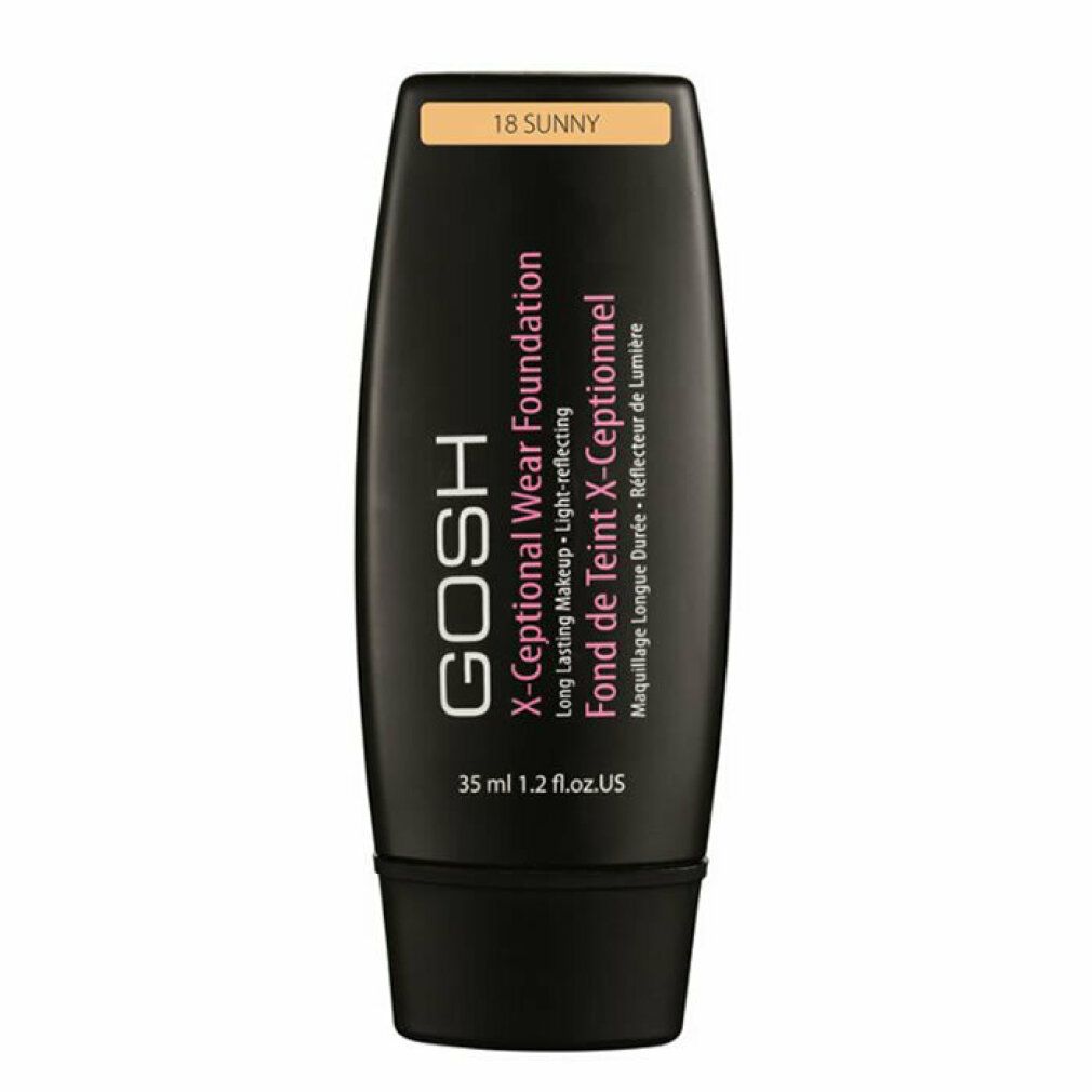Tubo nero di Gosh X-Ceptional Wear Foundation, tonalità 18 Sunny. Testo in inglese e francese. Contenuto 35 ml.