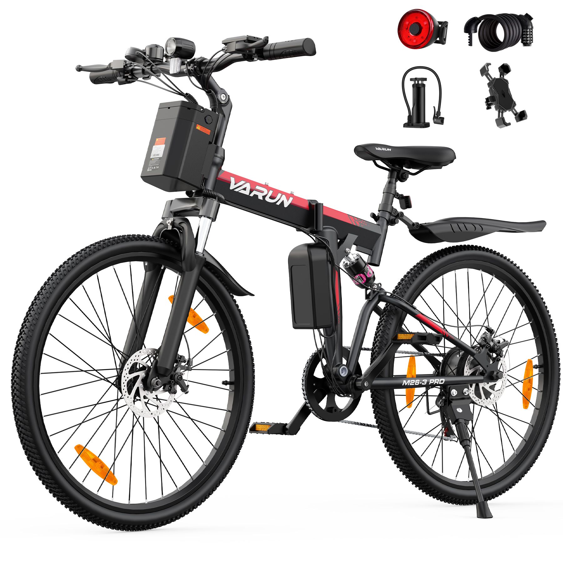 E-bike con accessori: fanale posteriore, pompa, supporto telefono. Bici nera con dettagli rossi. Logo VARUN.