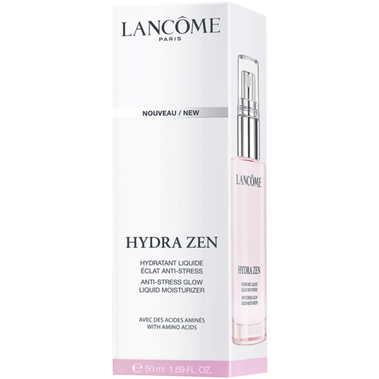Confezione prodotto con flacone. Scritta: Lancôme, Hydra Zen, idratante anti-stress. Testo: Nouveau/New.