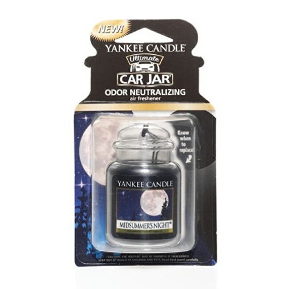 Deodorante per ambienti in barattolo di vetro con gancio. Confezionato in blister. Scritta: Yankee Candle, Midsummers Night.