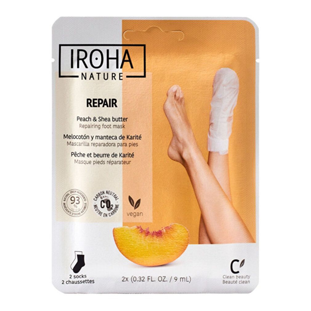 Maschera piedi riparatrice Iroha Nature Pesca & Karité. Vegana, 2 calzini.