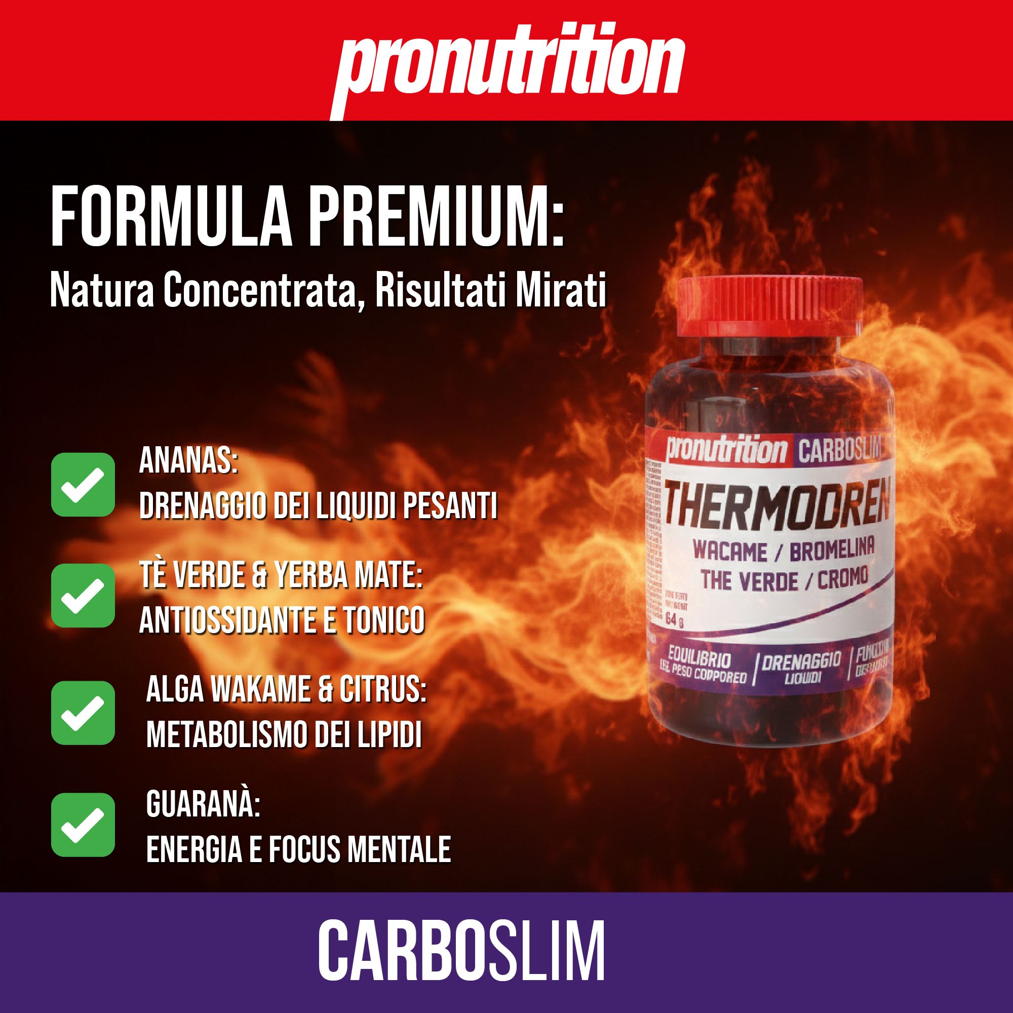 Flacone nero con tappo rosso. Scritta THERMODREN. Con segni di spunta verdi e testo. Scritta CARBOSLIM.