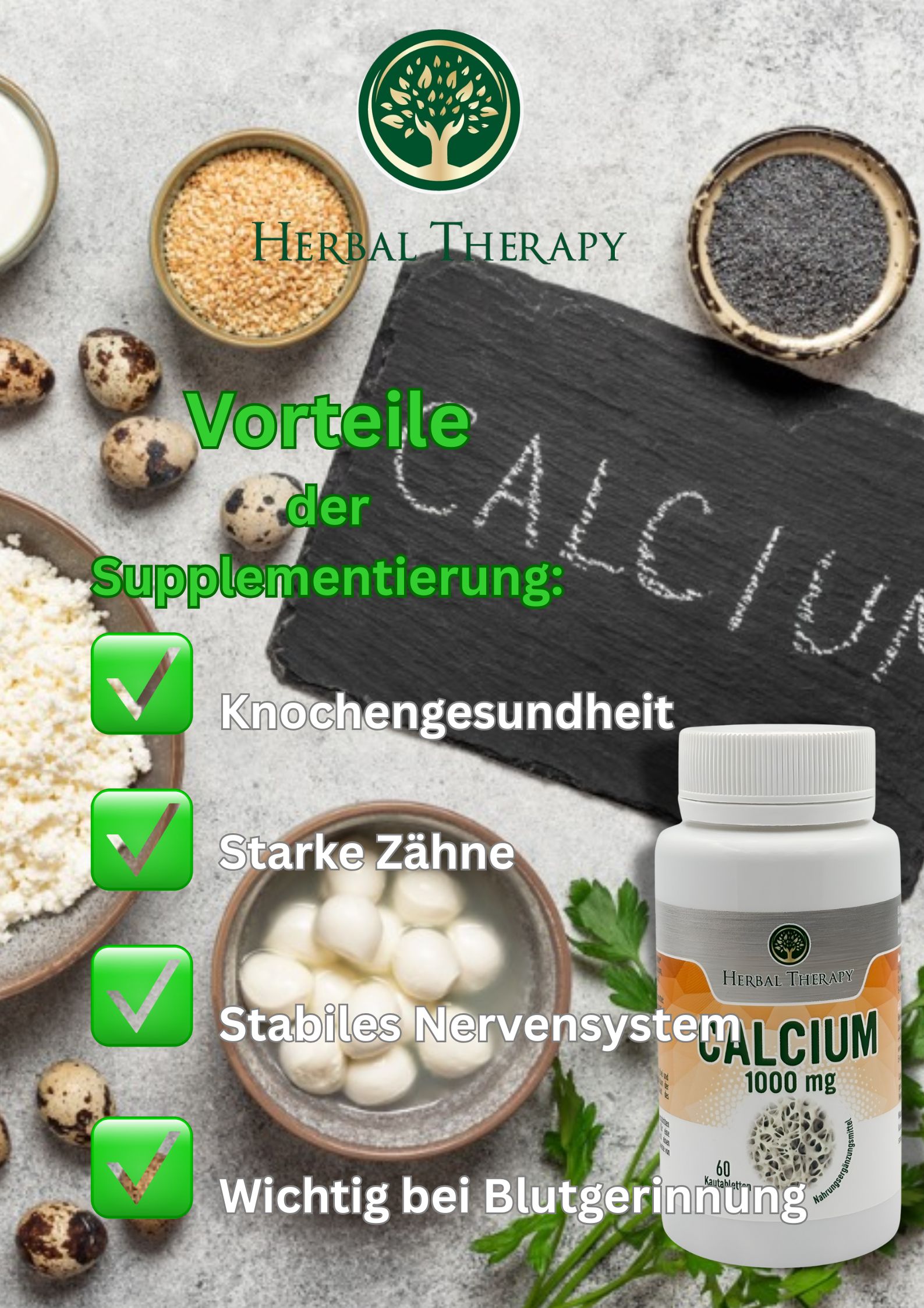 Flacone di prodotto Calcium 1000 mg accanto a ingredienti come uova, ricotta e semi di papavero. Testo: Vantaggi dell'integrazione.