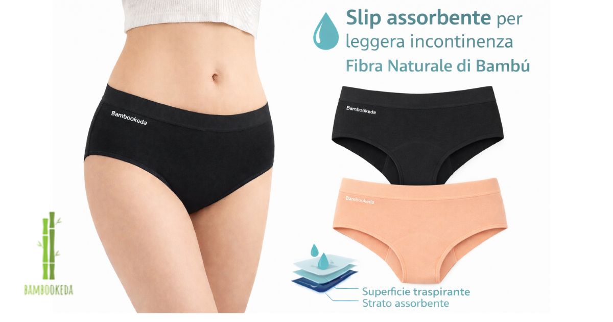 Donna indossa slip nero Bambookeda. Accanto, due slip: nero e color pesca.