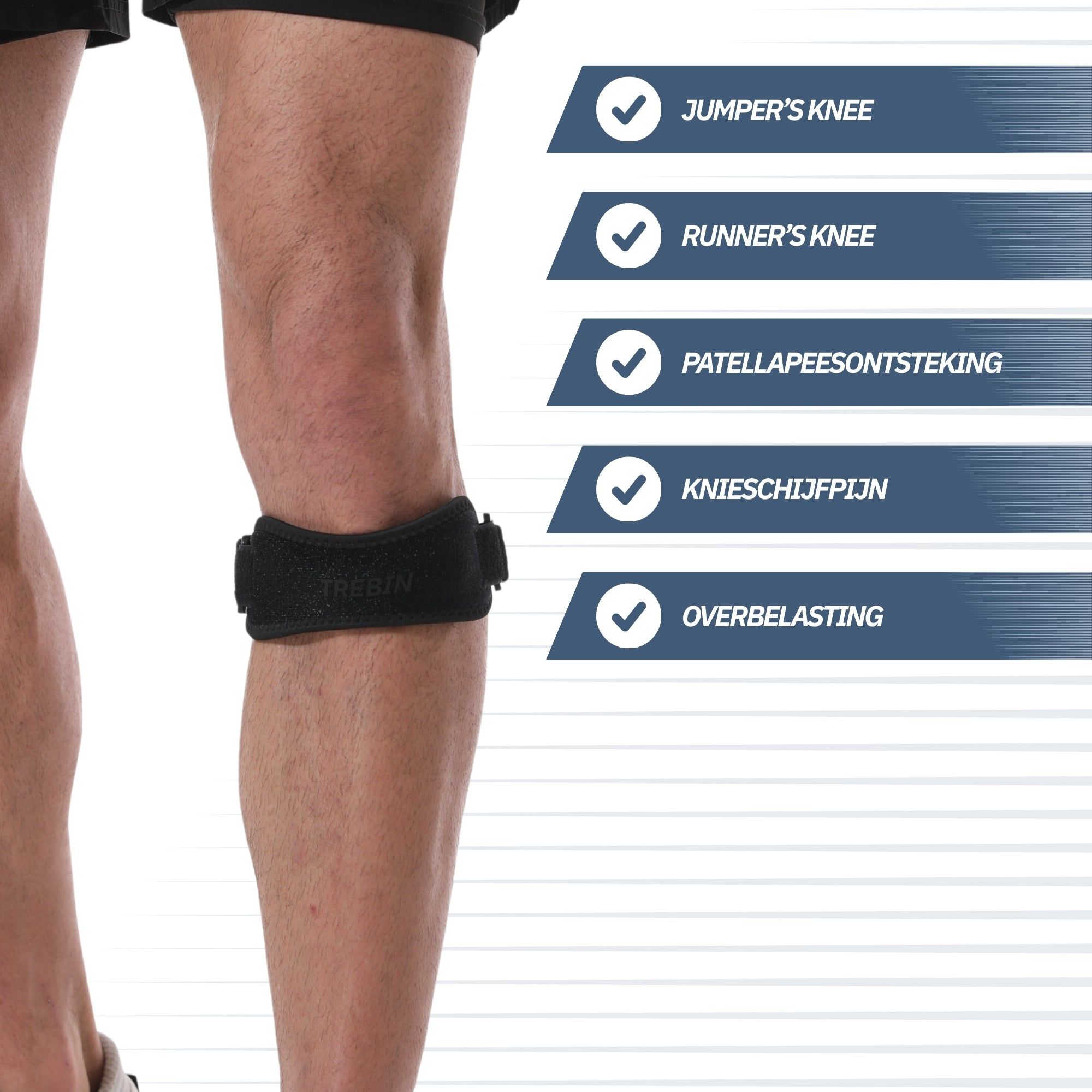 Fascia per ginocchio nera con velcro per alleviare dolore e sovraccarico al ginocchio.