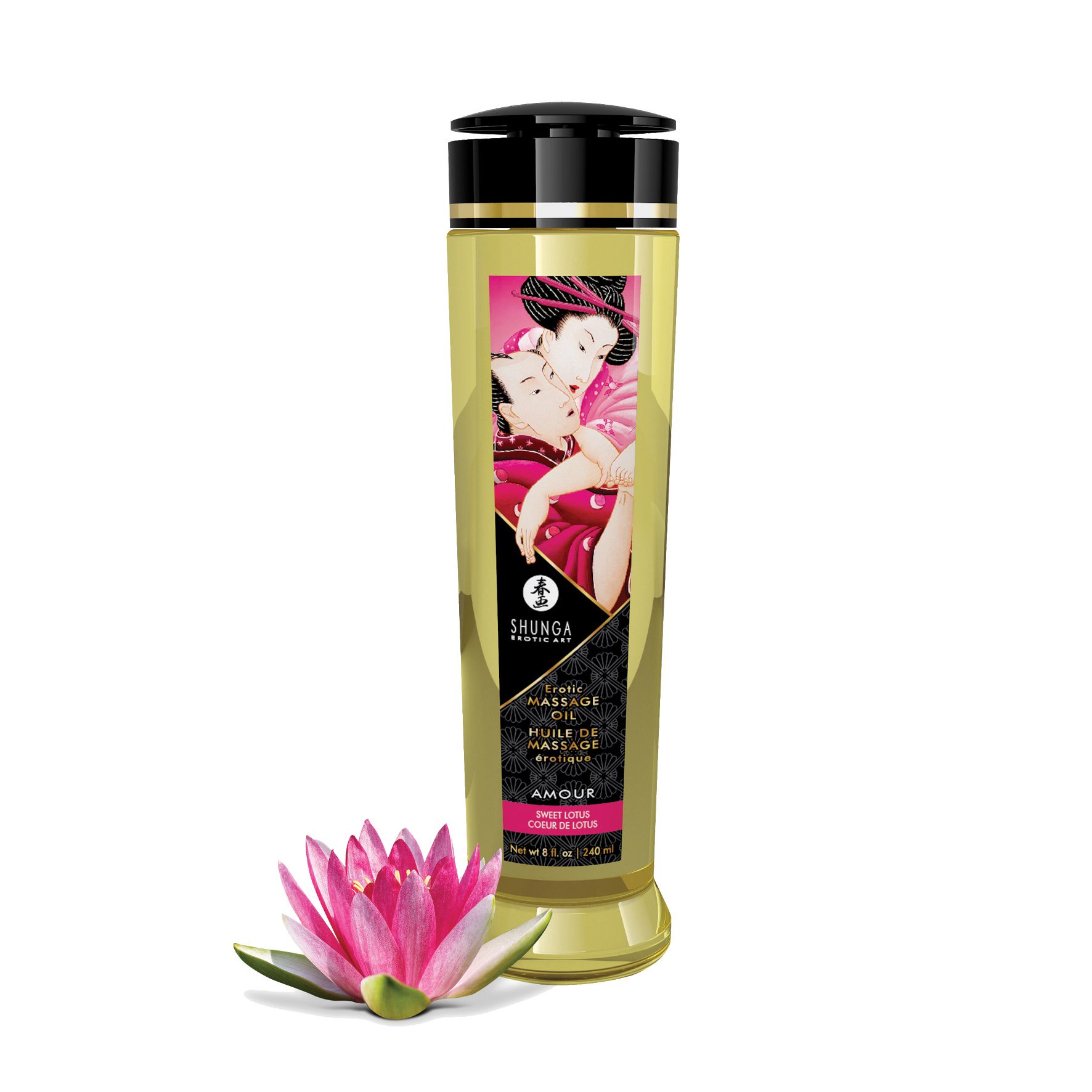 Flacone di olio da massaggio con fiore di loto. L'etichetta mostra una coppia e il nome del prodotto.
