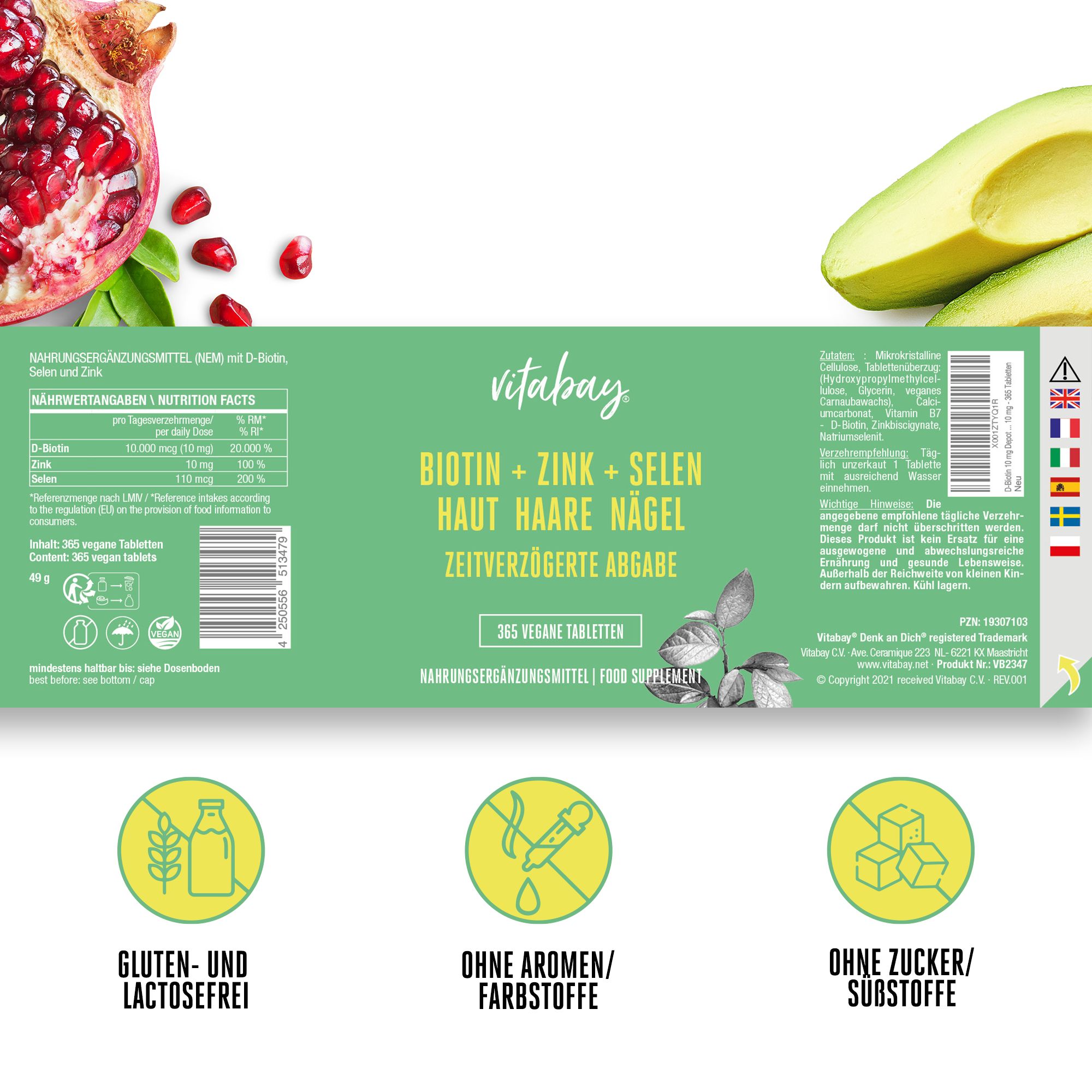 Confezione del prodotto con informazioni sugli ingredienti e valori nutrizionali. Logo Vitabay. 365 compresse vegane. Senza glutine e lattosio.