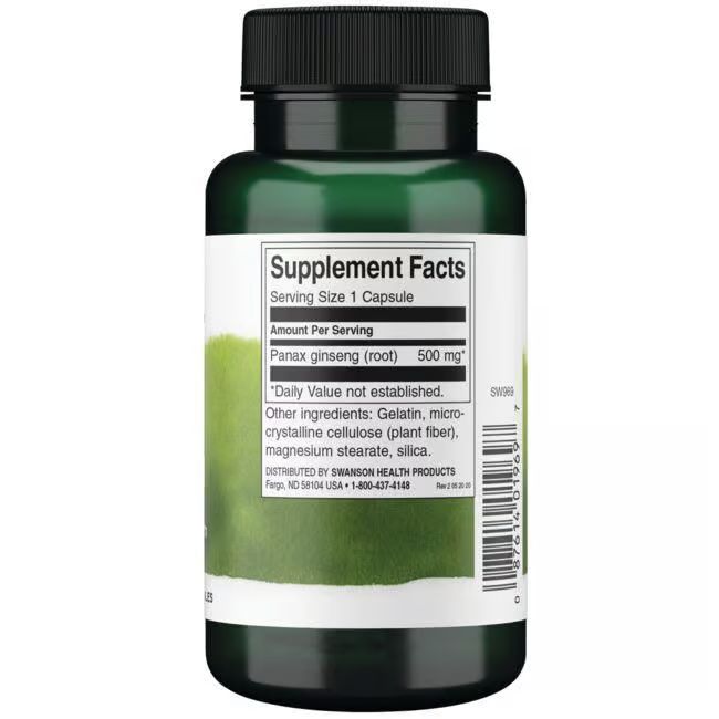 Retro di un flacone verde con tappo nero. Scritta: Supplement Facts. Panax Ginseng (radice) 500 mg.