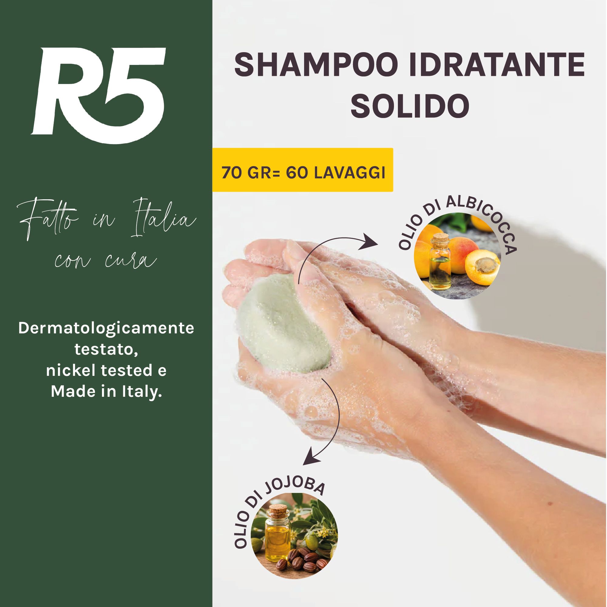 Mani che insaponano uno shampoo solido R5 con albicocche e olio di jojoba.