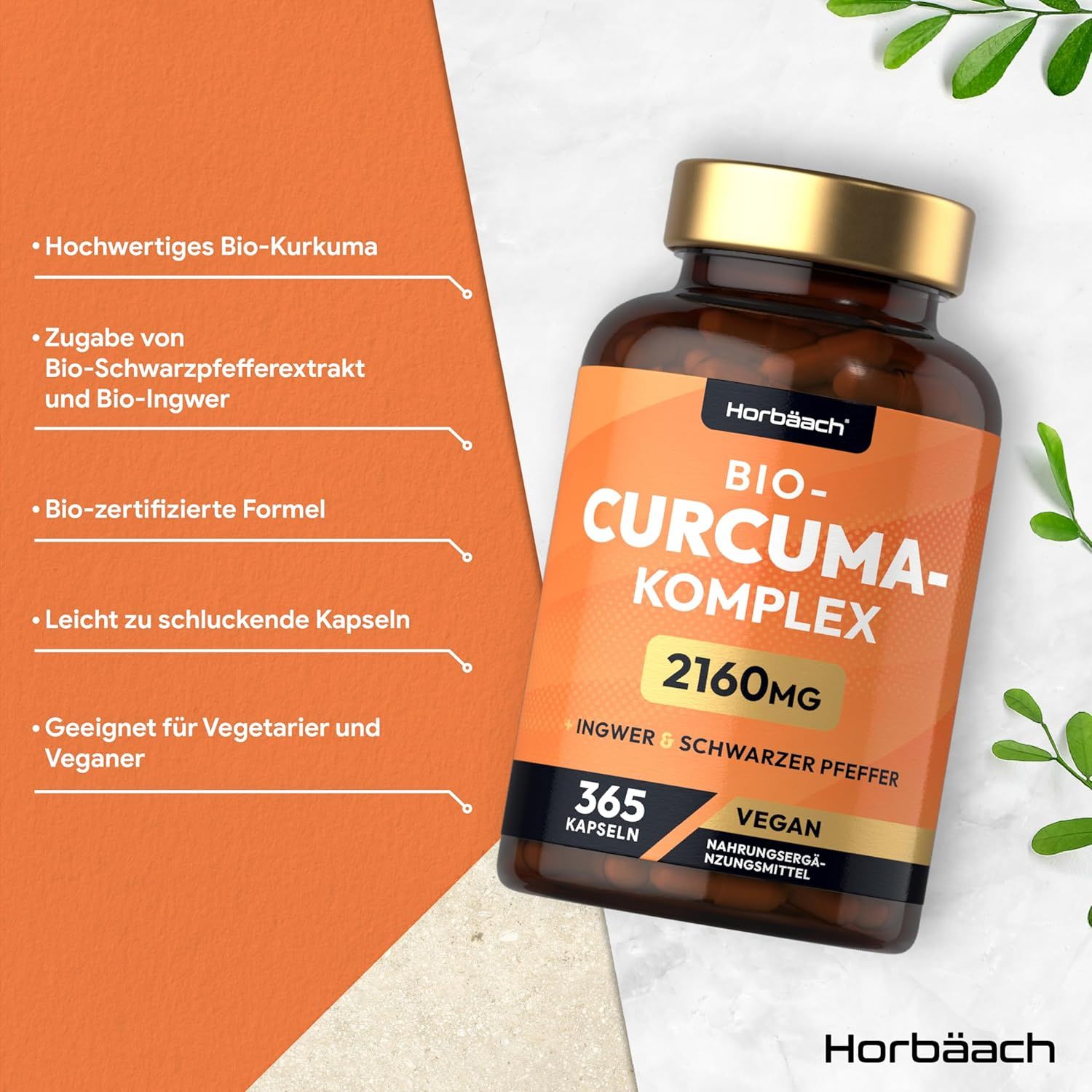 Flacone marrone di capsule. Scritta: Bio-Curcuma-Komplex 2160mg, Zenzero + Pepe nero, 365 capsule, Vegan.