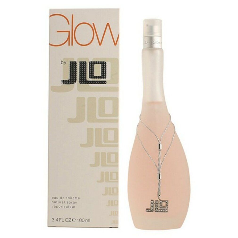 Flacone di profumo e scatola. La scatola indica "Glow" e "jLo". Il flacone è allungato con una catena.