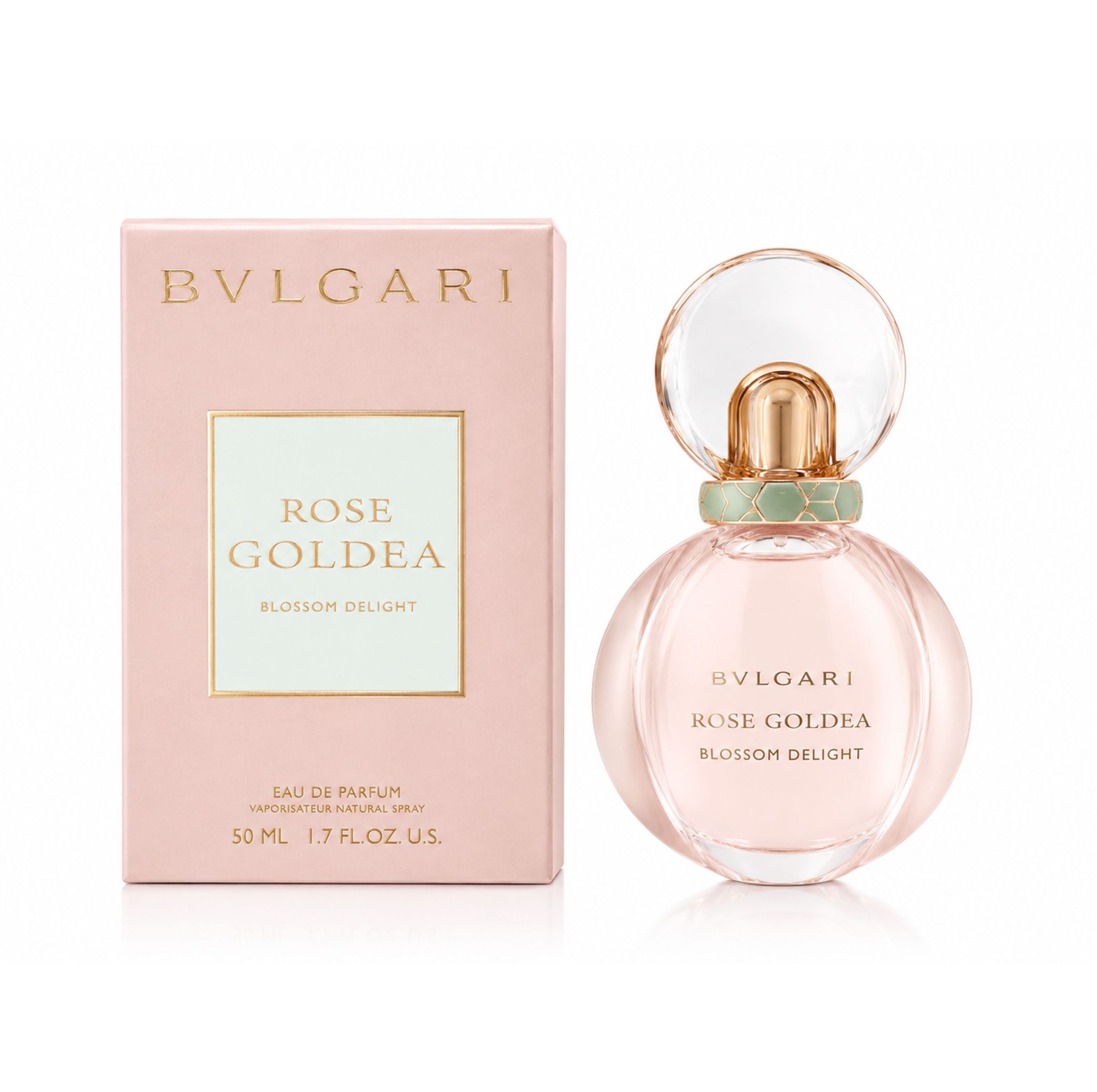 Flacone e scatola rosa. Scritta: Bvlgari Rose Goldea Blossom Delight. Flacone con tappo dorato e cappuccio trasparente.