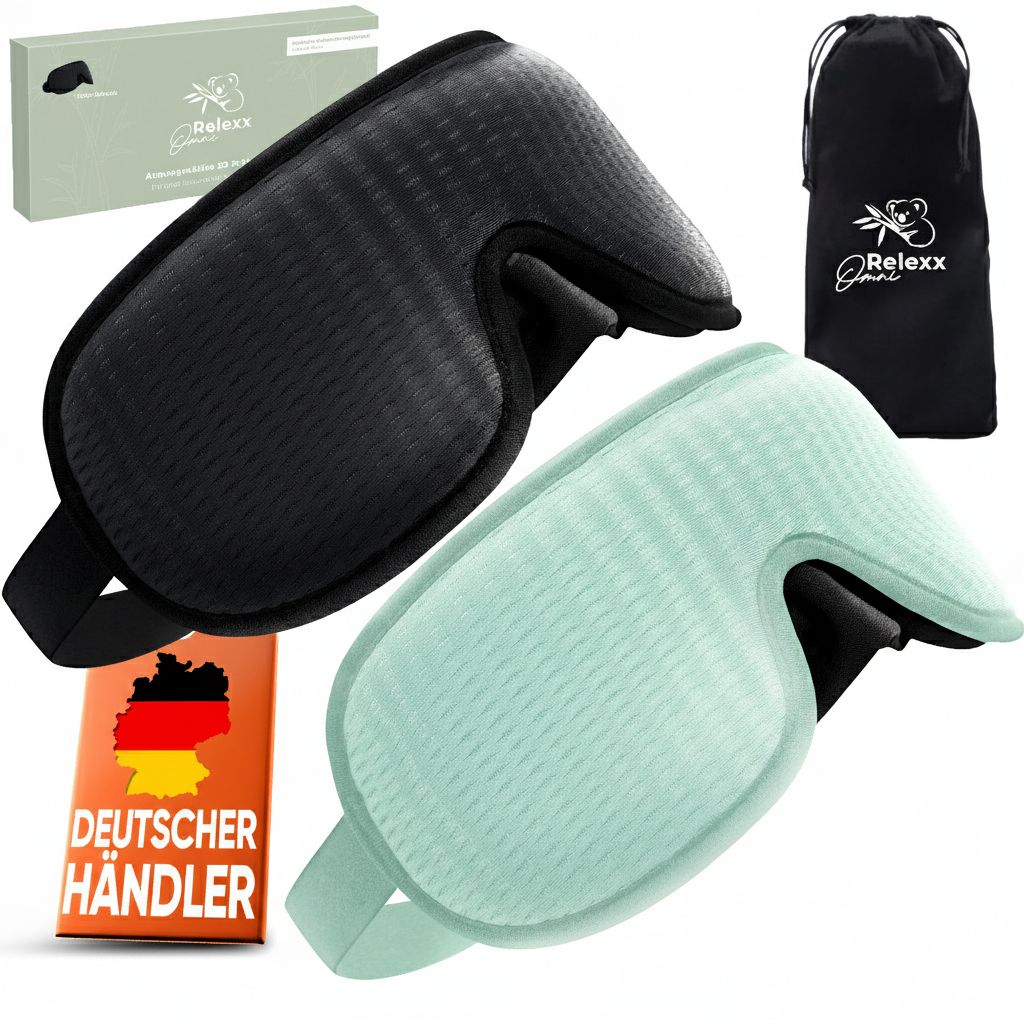Due maschere per dormire, nere e turchesi, con sacchetto da viaggio e confezione. Rivenditore tedesco.