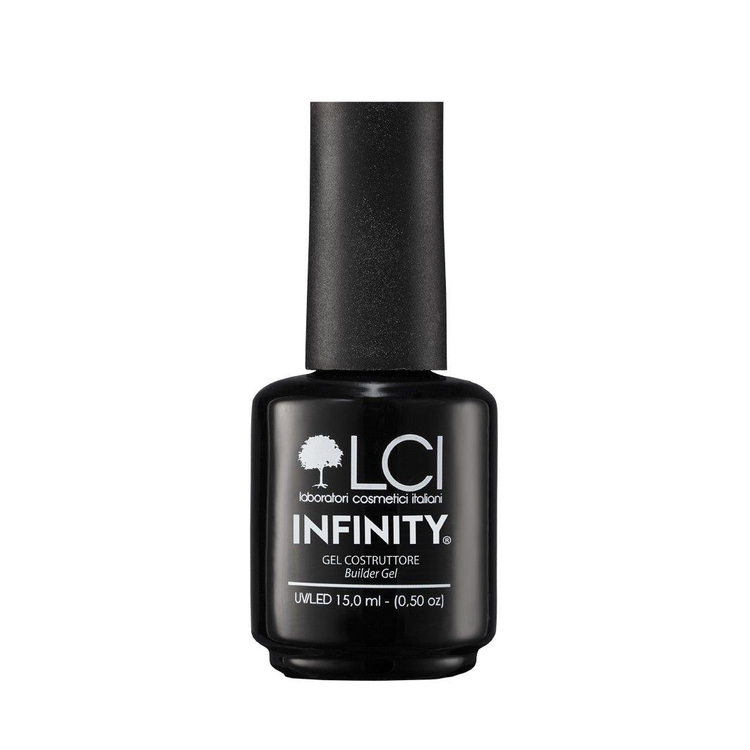 Flacone nero con tappo nero. Scritta: LCI, INFINITY, Gel Costruttore, Builder Gel. 15,0 ml (0,50 oz).