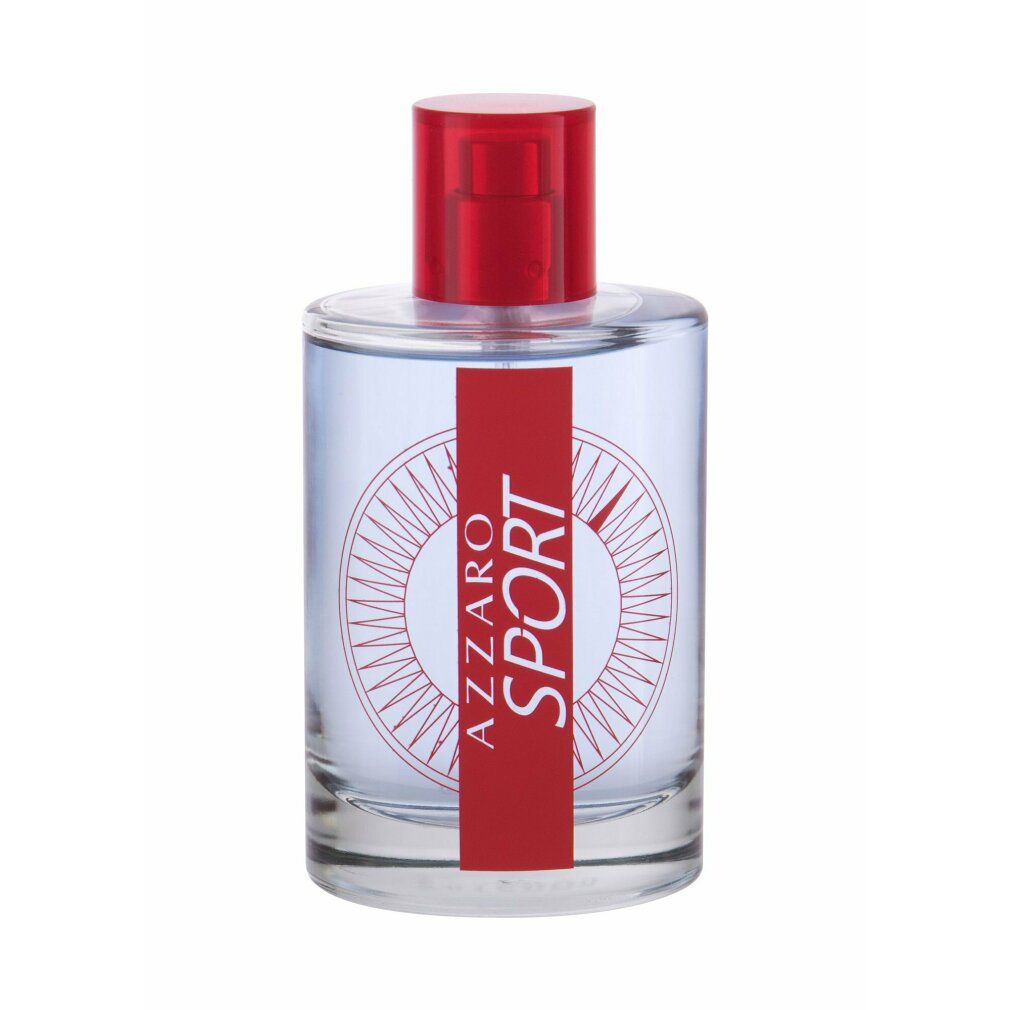 Flacone in vetro trasparente con tappo rosso e fascia rossa con scritta "AZZARO SPORT". Sul flacone è visibile un disegno a bussola.