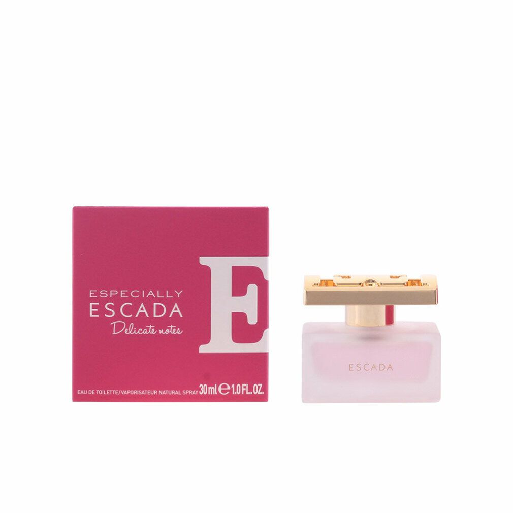 Flacone di Eau de Toilette Escada Especially Escada Delicate Notes 30ml, liquido rosa, tappo dorato, accanto alla sua confezione.