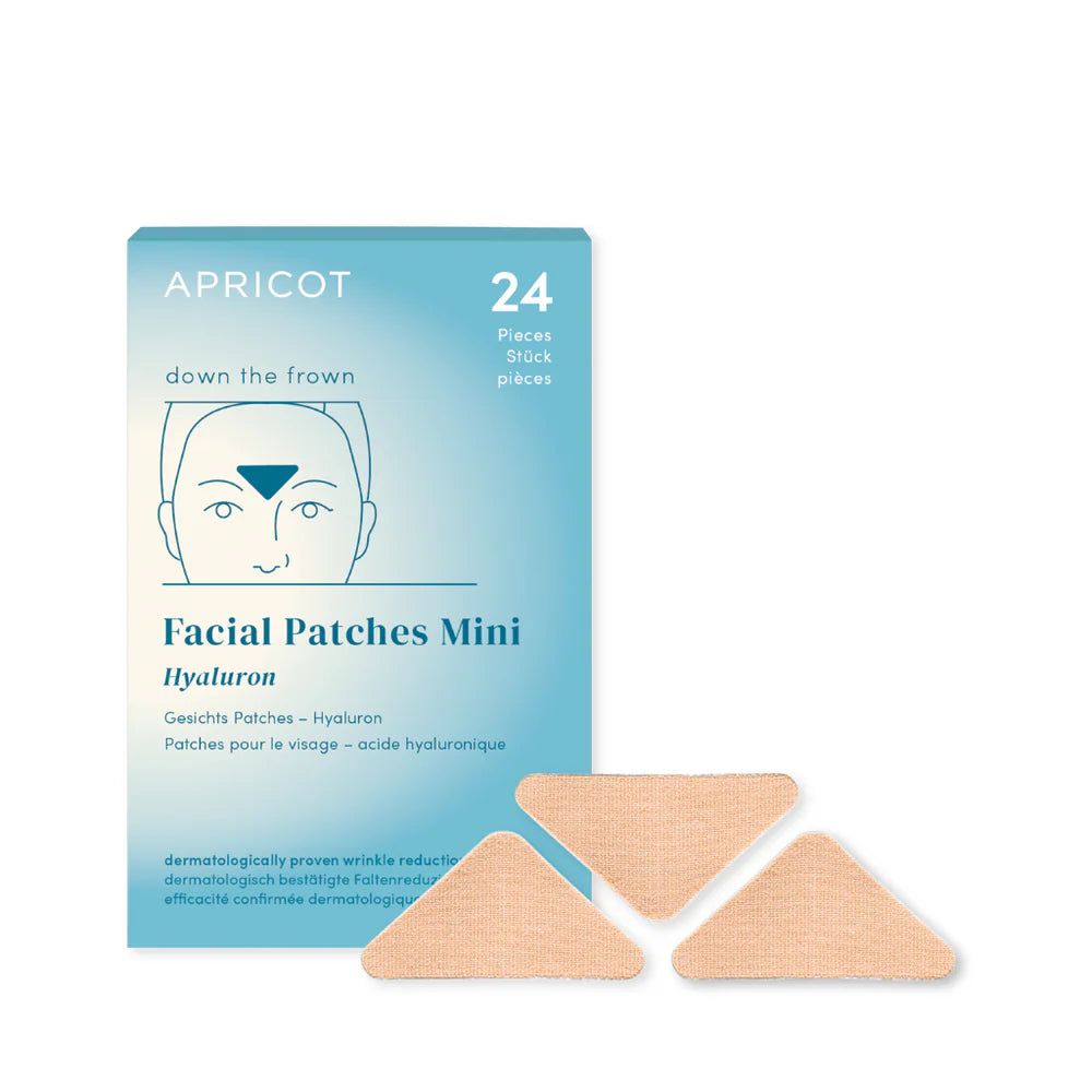 Confezione APRICOT Facial Patches Mini con 24 pezzi. 3 pad triangolari. Scritta: down the frown.