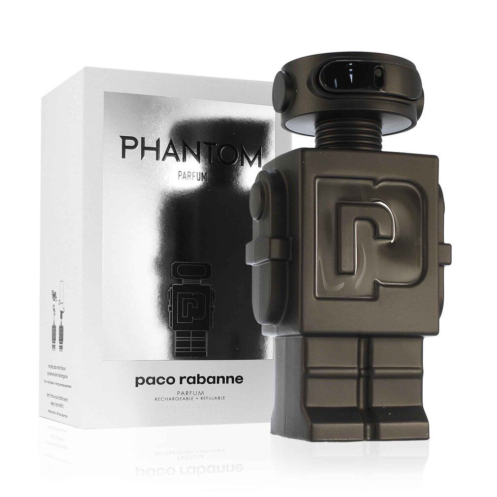 Flacone di profumo robot grigio accanto a confezione bianca. Confezione con PHANTOM, illustrazione robot e paco rabanne.