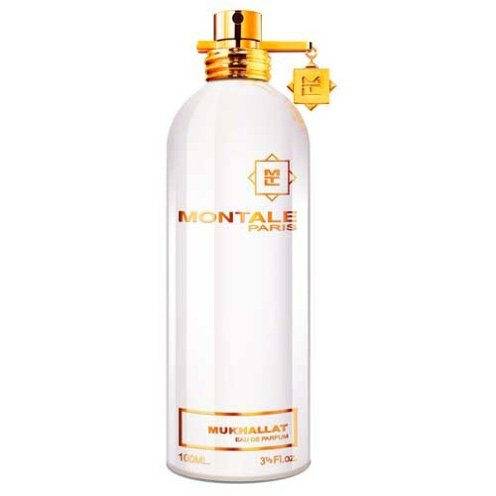 Flacone di profumo bianco con dettagli dorati. Scritta: Montale Paris, Mukhallat Eau de Parfum.