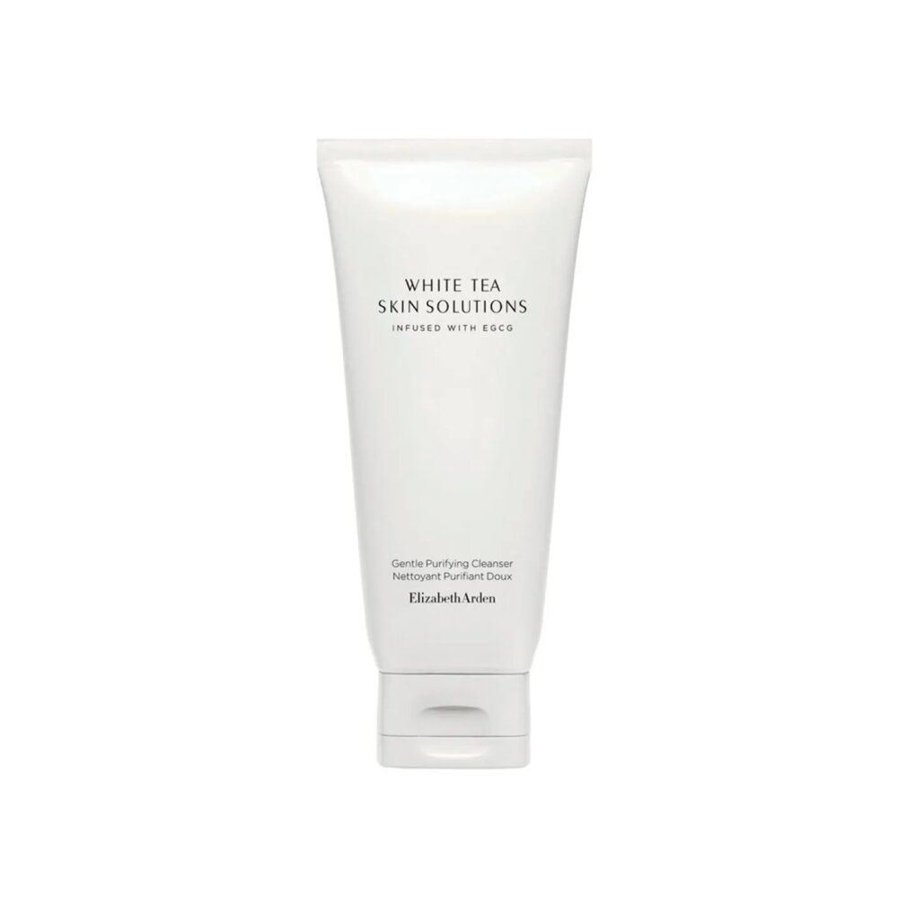 Tubo bianco con testo. Scritta: White Tea Skin Solutions, Infused with EGCG. Sotto: Gentle Purifying Cleanser, Elizabeth Arden.