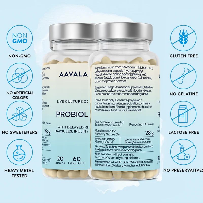 Bottiglia e confezione in cartone di capsule probiotiche AAVALABS PROBIOLAC.