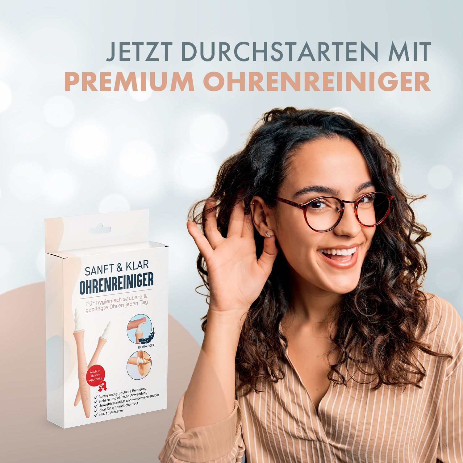 Confezione del prodotto con testo: SANFT & KLAR Ohrenreiniger. Bastoncini di pulizia rosa. Donna con occhiali si tiene l'orecchio.