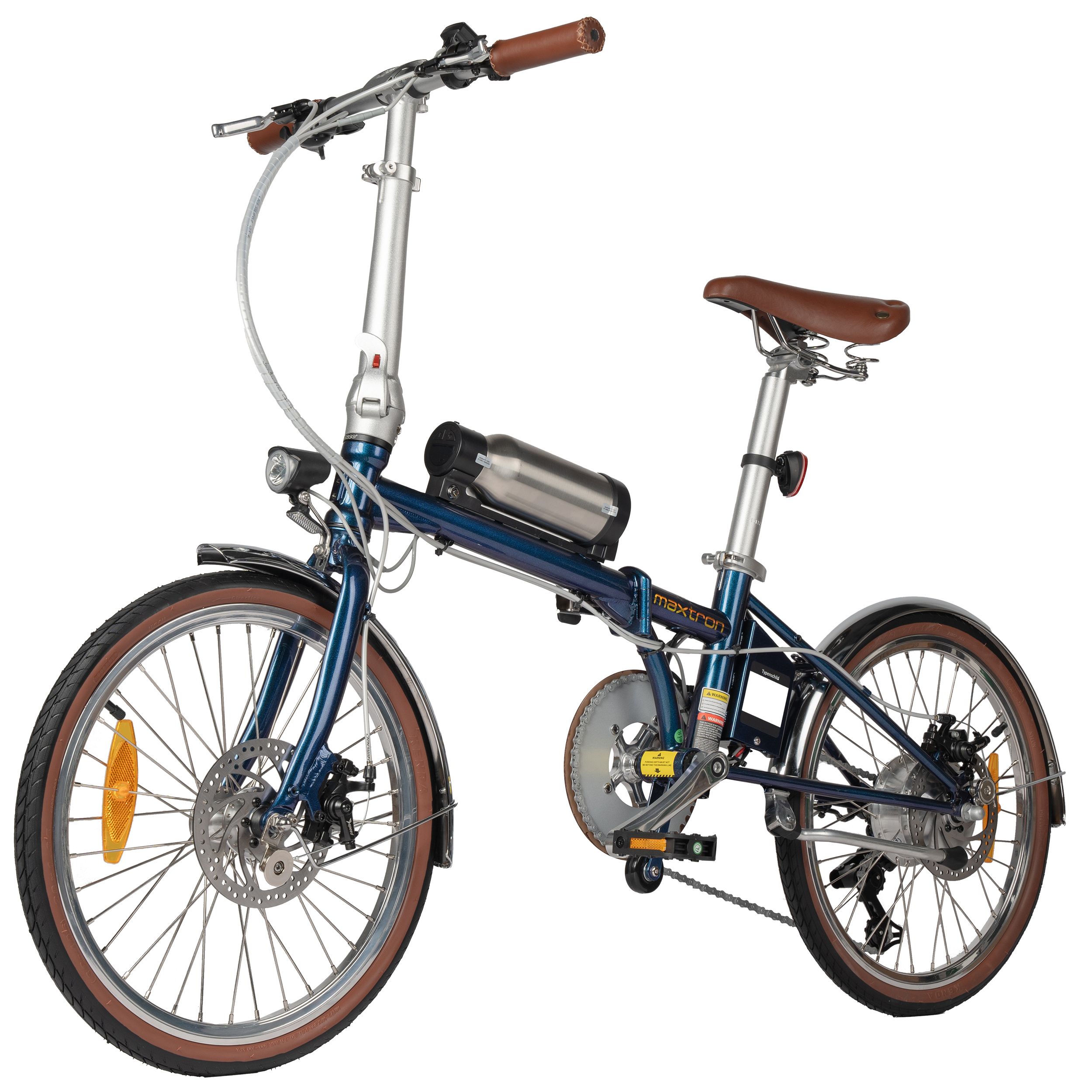 E-bike blu con sella e pneumatici marroni. Batteria argentata. Faro e fanale posteriore. Logo Maxtron.