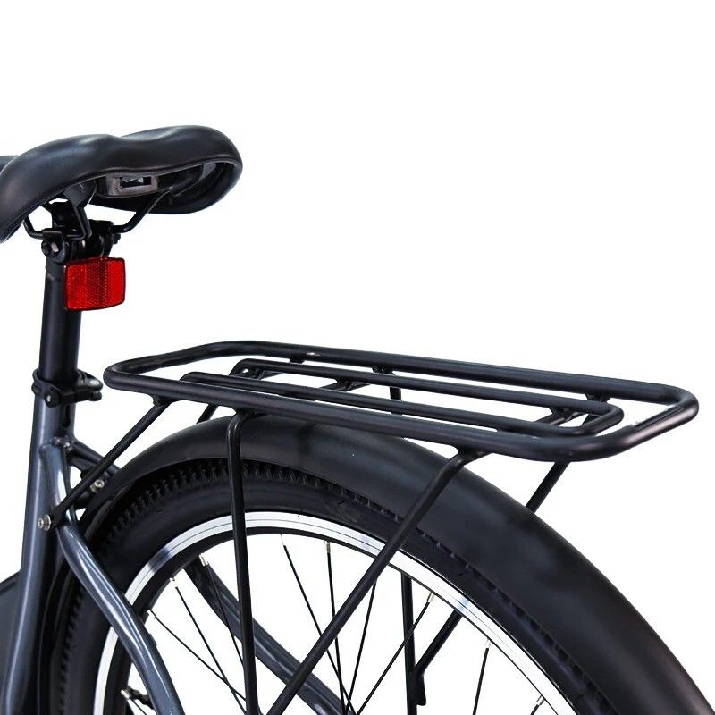 Primo piano della parte posteriore di una bicicletta grigia. Visibili: portapacchi, fanale posteriore rosso, pneumatico nero e parafango.