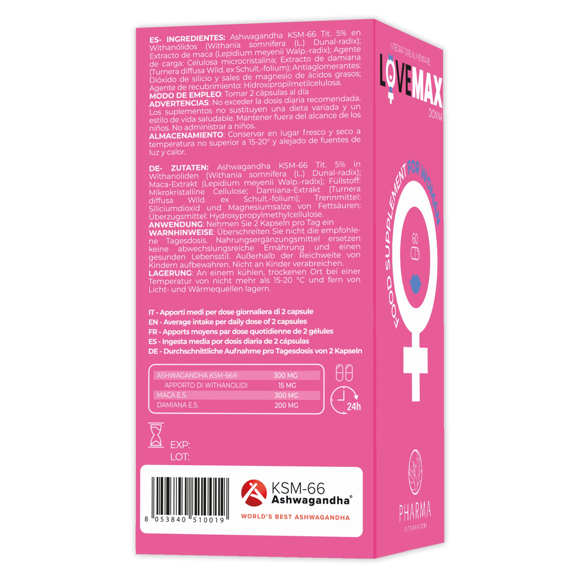 LOVEMAX Integratore Benessere Donna a base di Ashwagandha KSM-66, Maca e Damiana