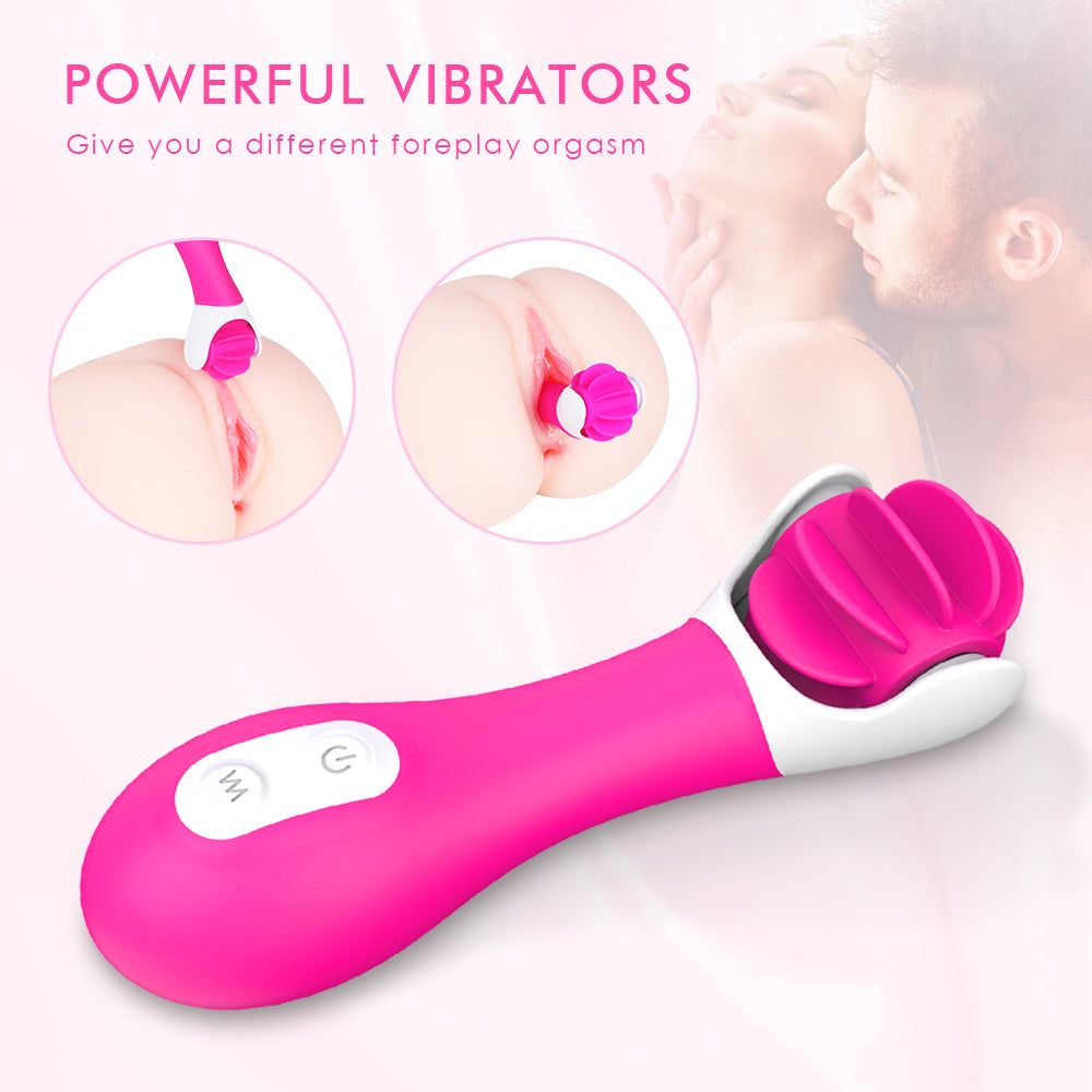 Vibratore rosa con testa bianca. Illustrazioni che mostrano l'uso. Testo: Powerful Vibrators.