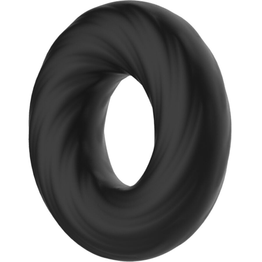 Anello in silicone nero con texture a spirale, visto di lato.