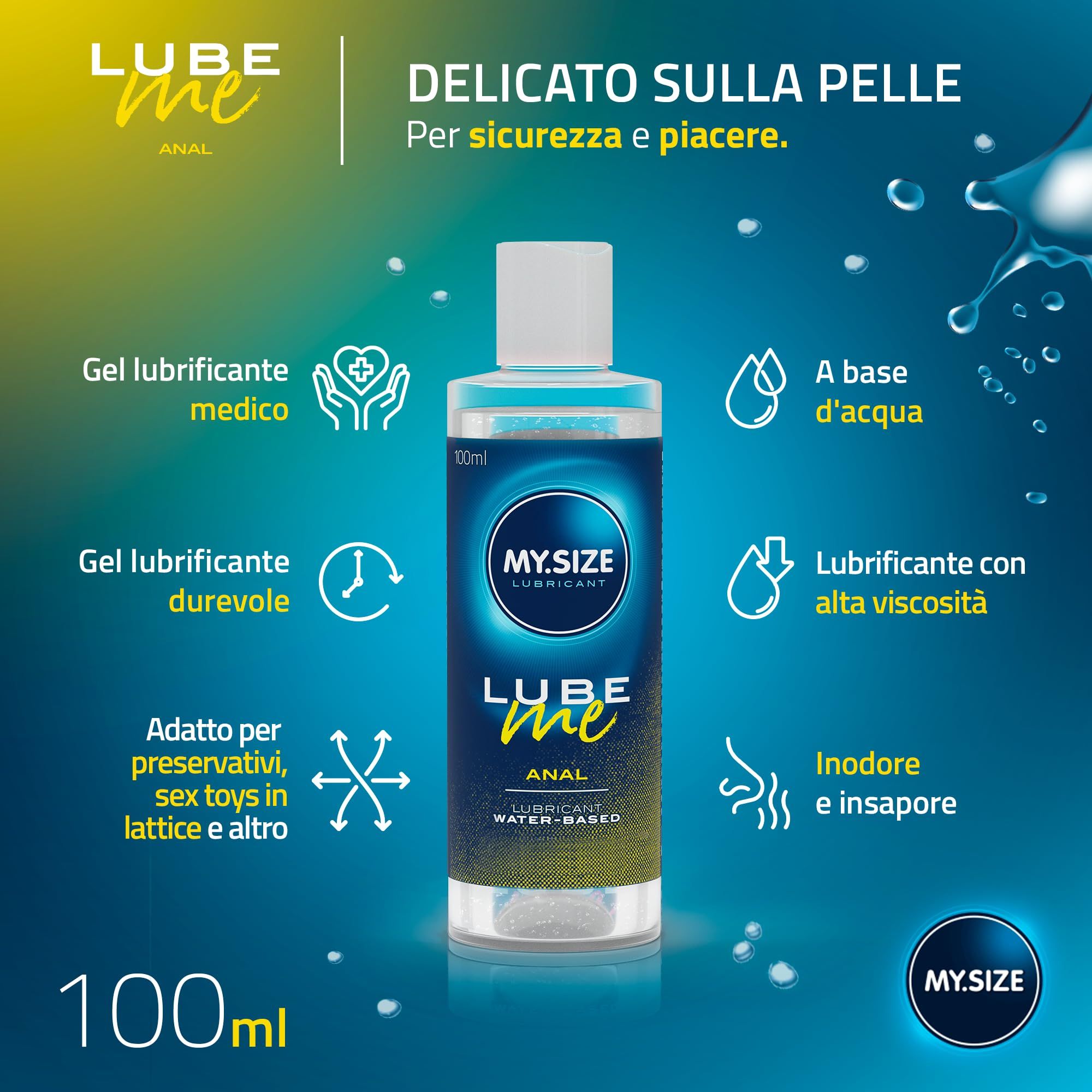 Flacone di gel lubrificante MY.SIZE Lube Me Anal con icone per qualità medica, base acqua e alta viscosità.