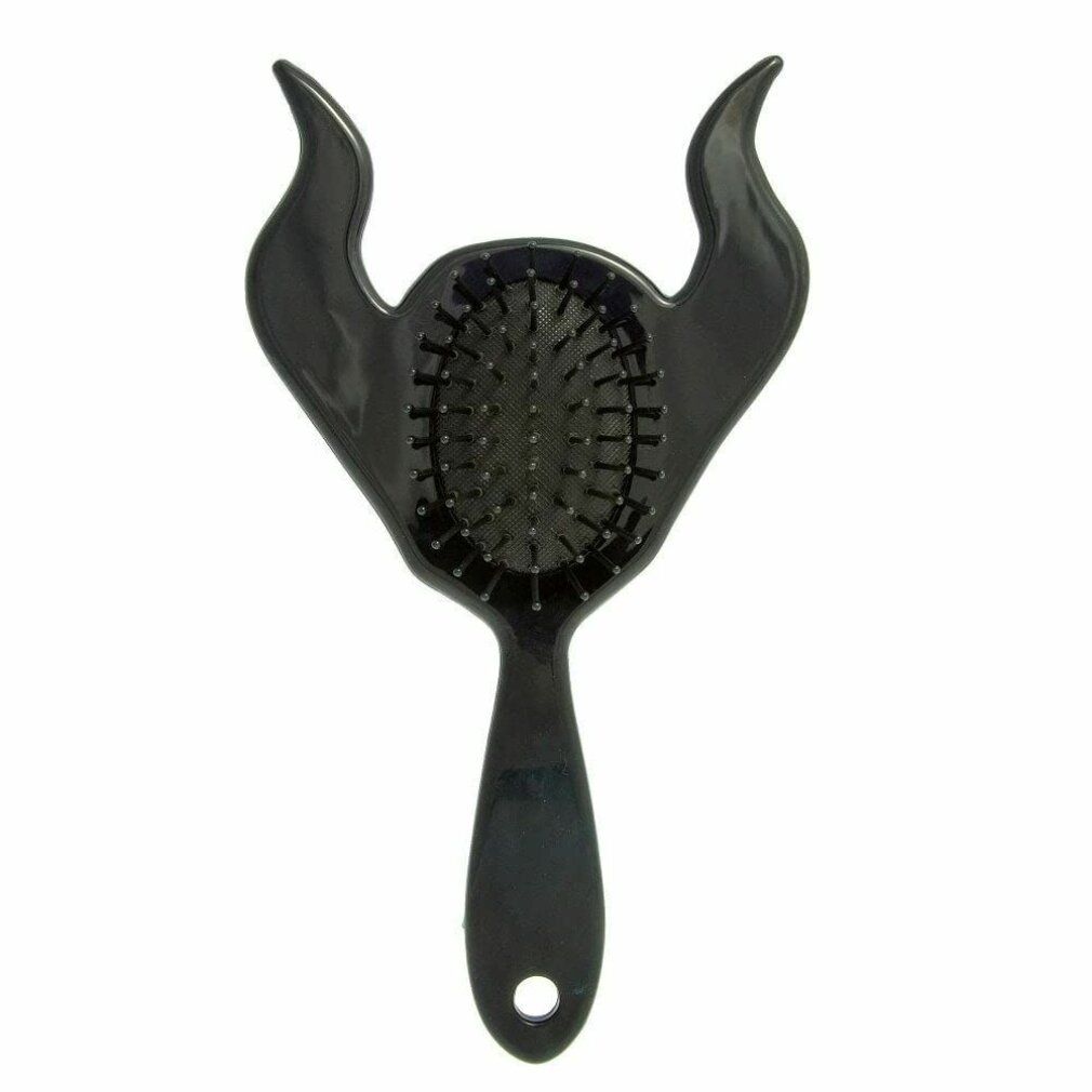 Spazzola per capelli nera a forma di corna. Testina con setole. Manico forato.