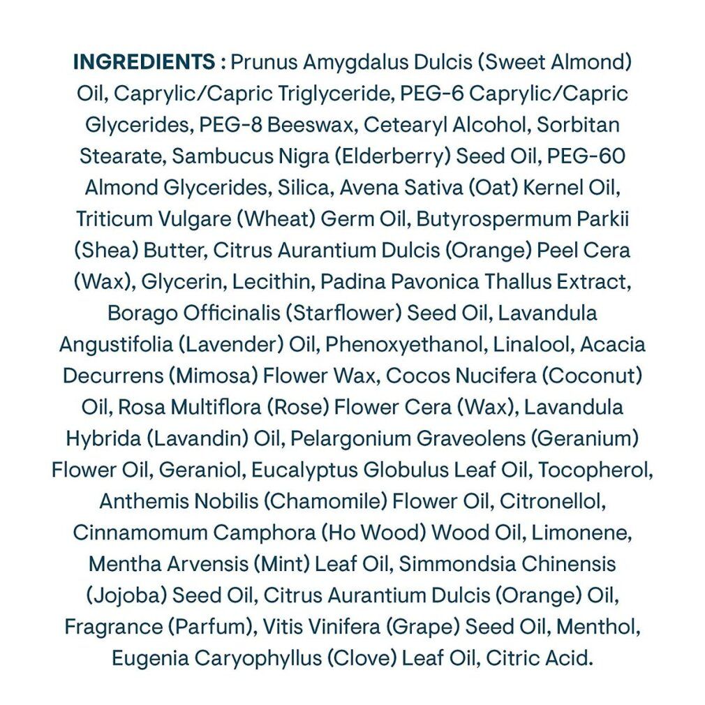 Elenco di testo con ingredienti. Scritta: Ingredients. Contiene: Prunus Amygdalus Dulcis Oil, etc.