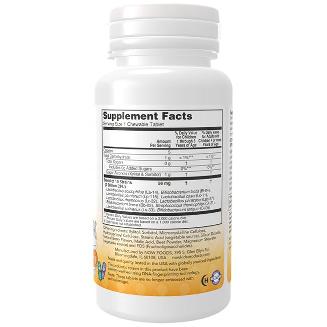 Flacone bianco con etichetta. Contiene informazioni sugli ingredienti e il valore nutrizionale. Testo: NOW FOODS, BerryDophilus Kids.