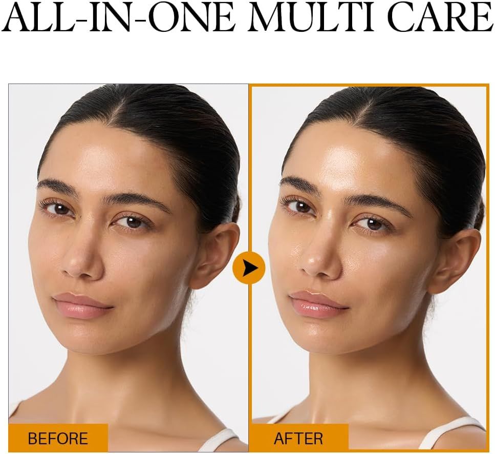 Confronto prima-dopo. Testo: All-in-one Multi Care. Viso femminile prima e dopo. La pelle appare più luminosa.