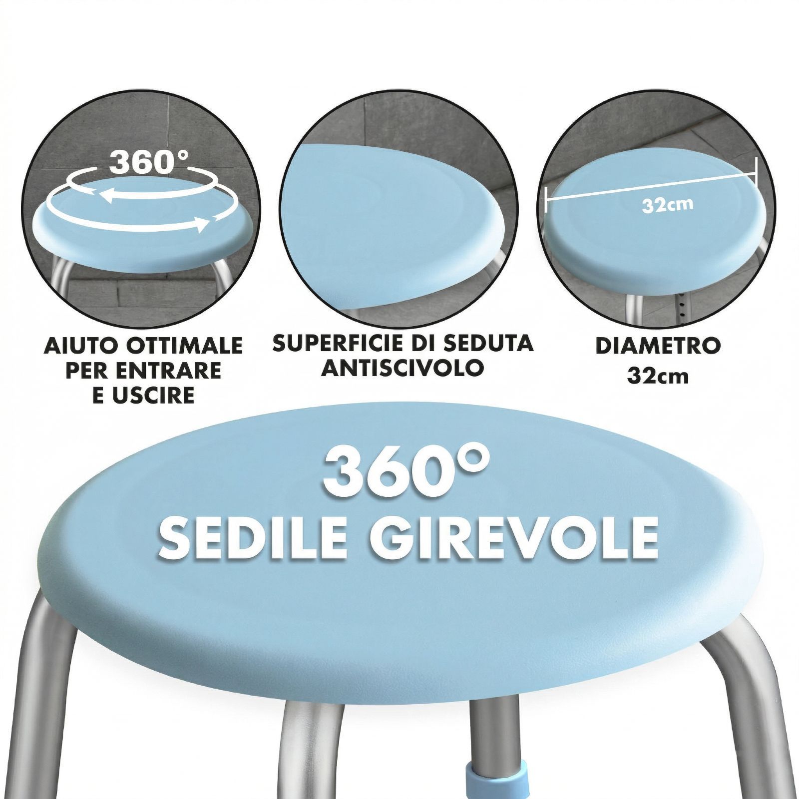 Sgabello doccia con sedile girevole. Diametro 32cm. Superficie antiscivolo. Girevole 360°.