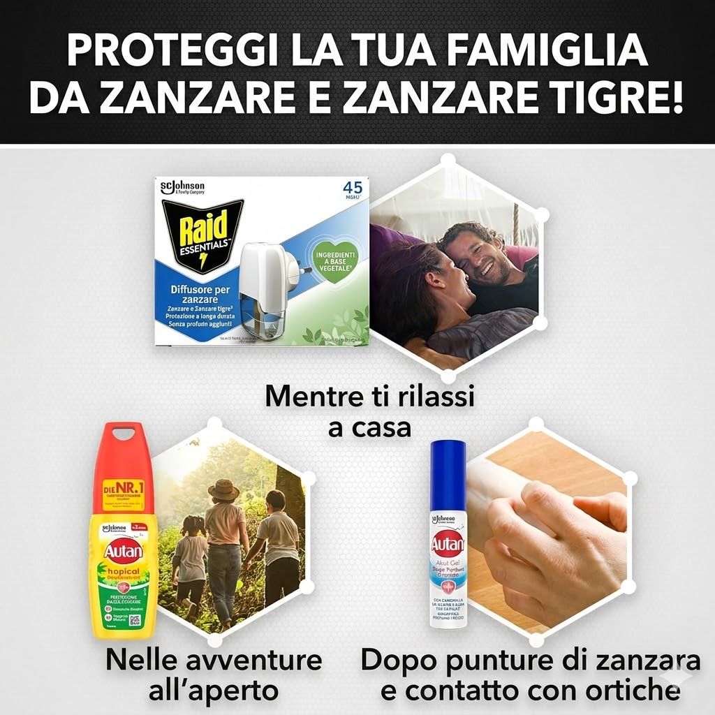 Raid Essentials, Autan Tropical e Akut Gel. Scene: famiglia, coppia, mano. Testo: Protegge da zanzare e zanzare tigre!