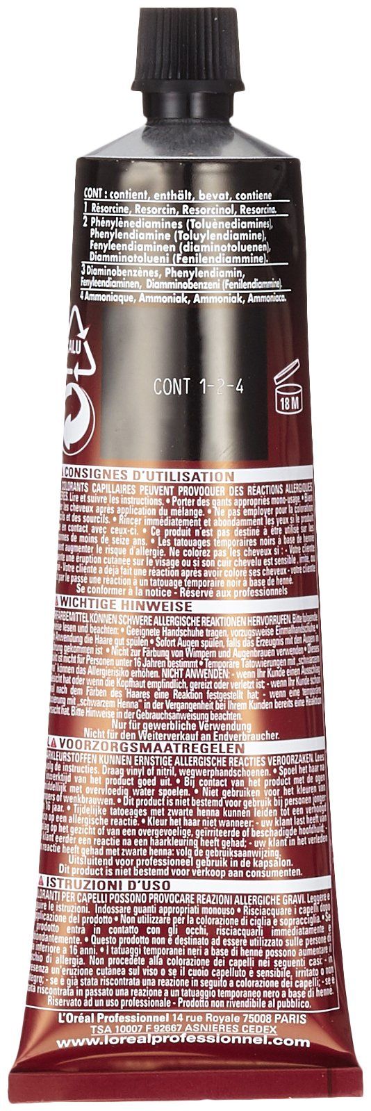 Retro del tubo L'Oréal Professionnel Majirel. Contiene testo multilingue e avvertenze.