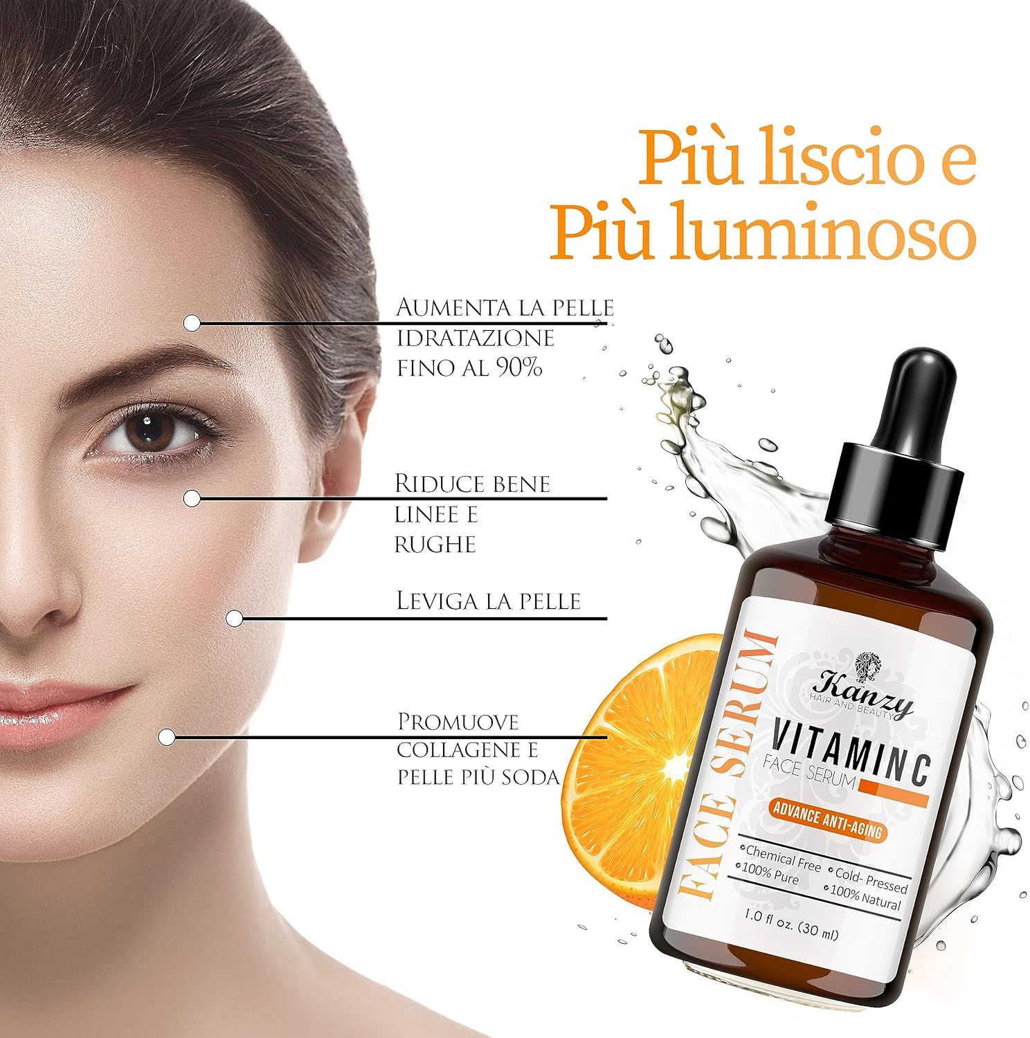 Flacone marrone di siero alla vitamina C Kanzy. Scritta: Face Serum. Con arancia e illustrazioni.